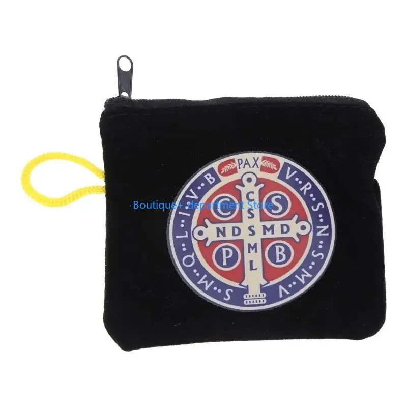 E1PD Crucifix Pattern Storage Bag Cloth Bags with Zipper and Lanyard for Home Outdoor Traveling for Key Cosmetic Earphone Co