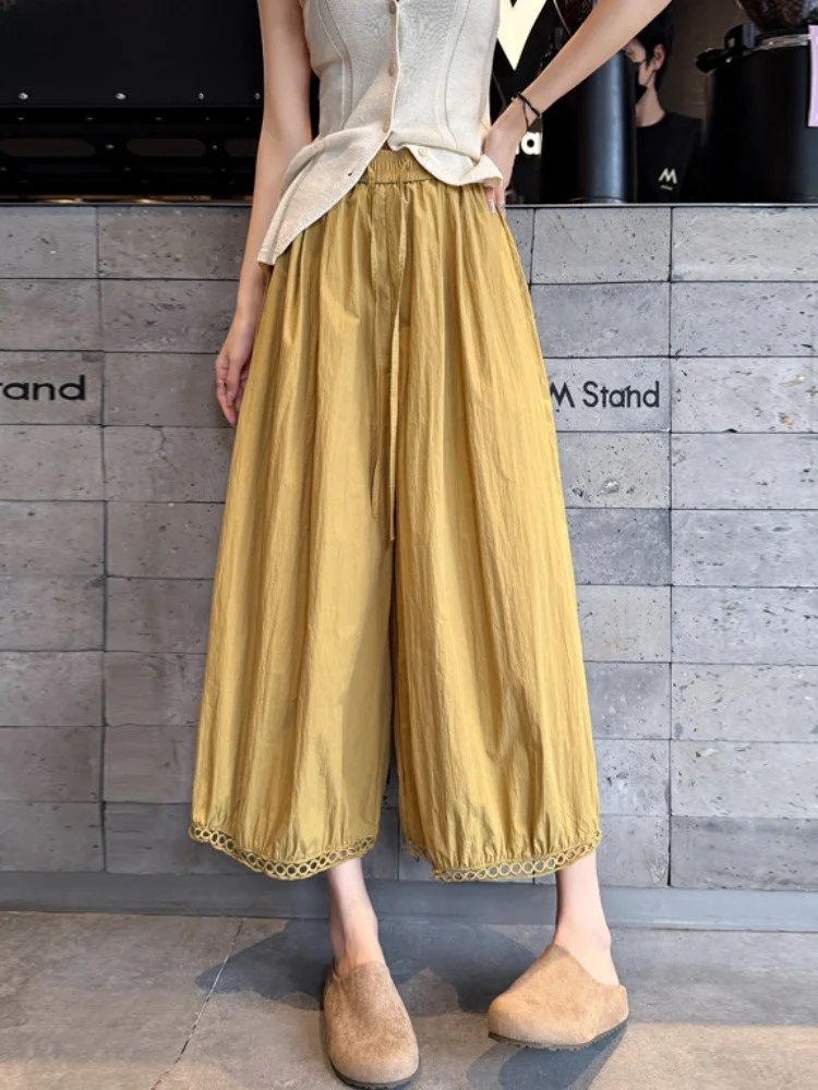 

Summer Style High Waist Lantern Pants Women's Ice Silk Hollow Hook Flower Eight Nine Points Loose Fit Casual Sun Protection