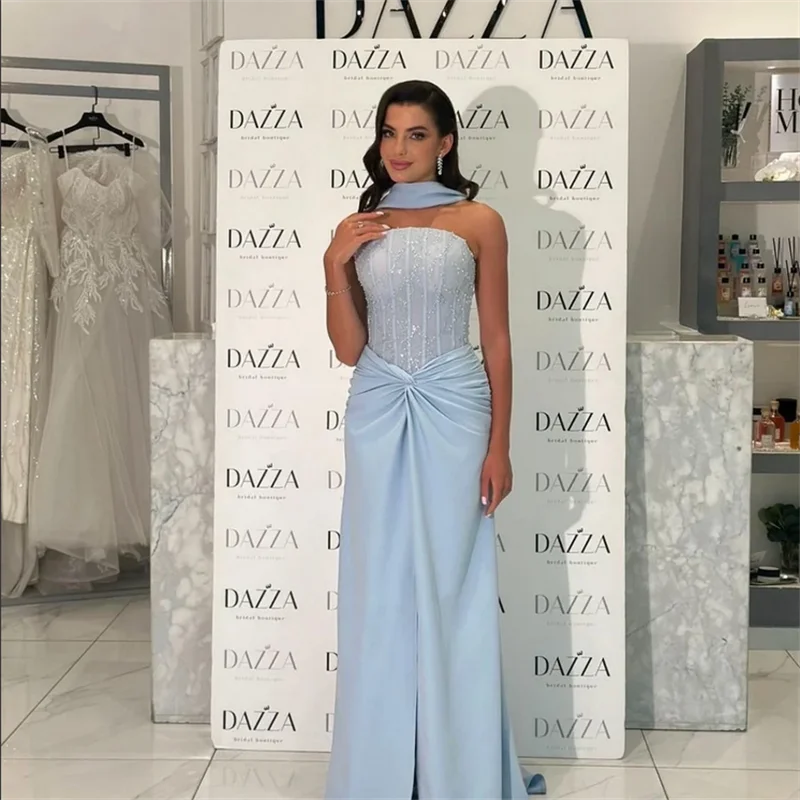 Robe de soirée longue en soie avec perles bleues personnalisées, style sirène, dos nu, longueur au sol, ligne a, robe de bal, nouvelle collection