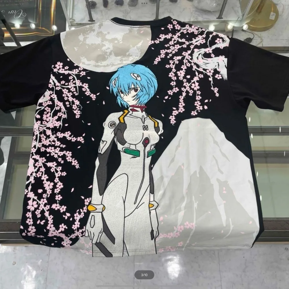 Casual 3D Printed T-shirt Featuring Asuka Ayanami From *Neon Genesis Evangelion* with Cherry Blossom and Full Moon Elements