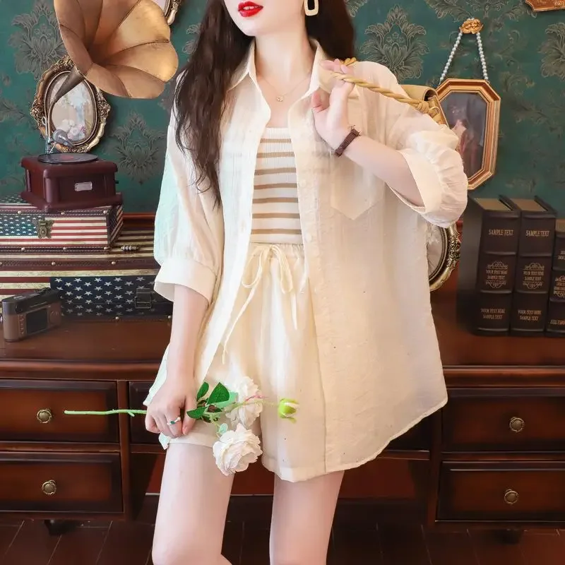 

Короткие комплекты для женщин, комплект из двух предметов, пляжные прозрачные абрикосовые крутые корейские стильные повседневные тренды, классический полный комплект, легкие новые женские шорты