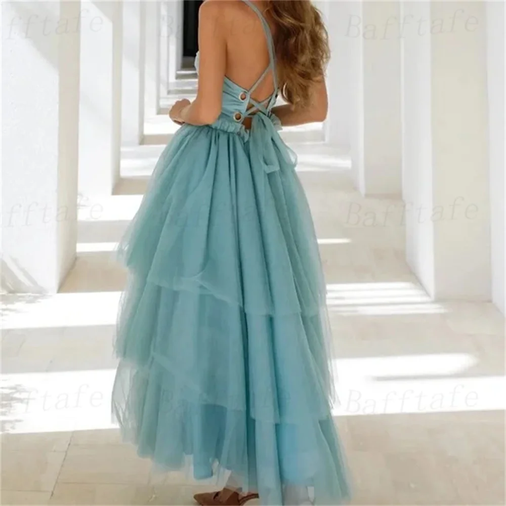 Bafftafe Ankle Length Tulle Midi Prom Dresses Sweetheart Tiered Corset Back Women Evening Gowns Customized Formal Party Dress