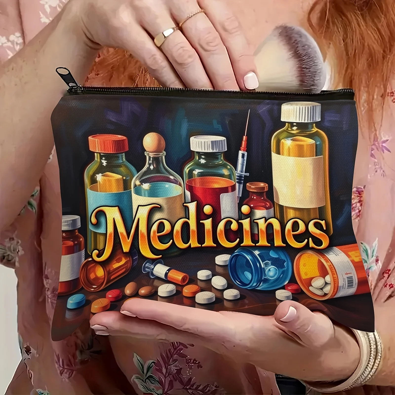 Medicine-Themed Cosmetic Bag - Durable Fade-Resistant Makeup Pouch with Zipper Closure, Multi-Purpose Storage for Cosmetics