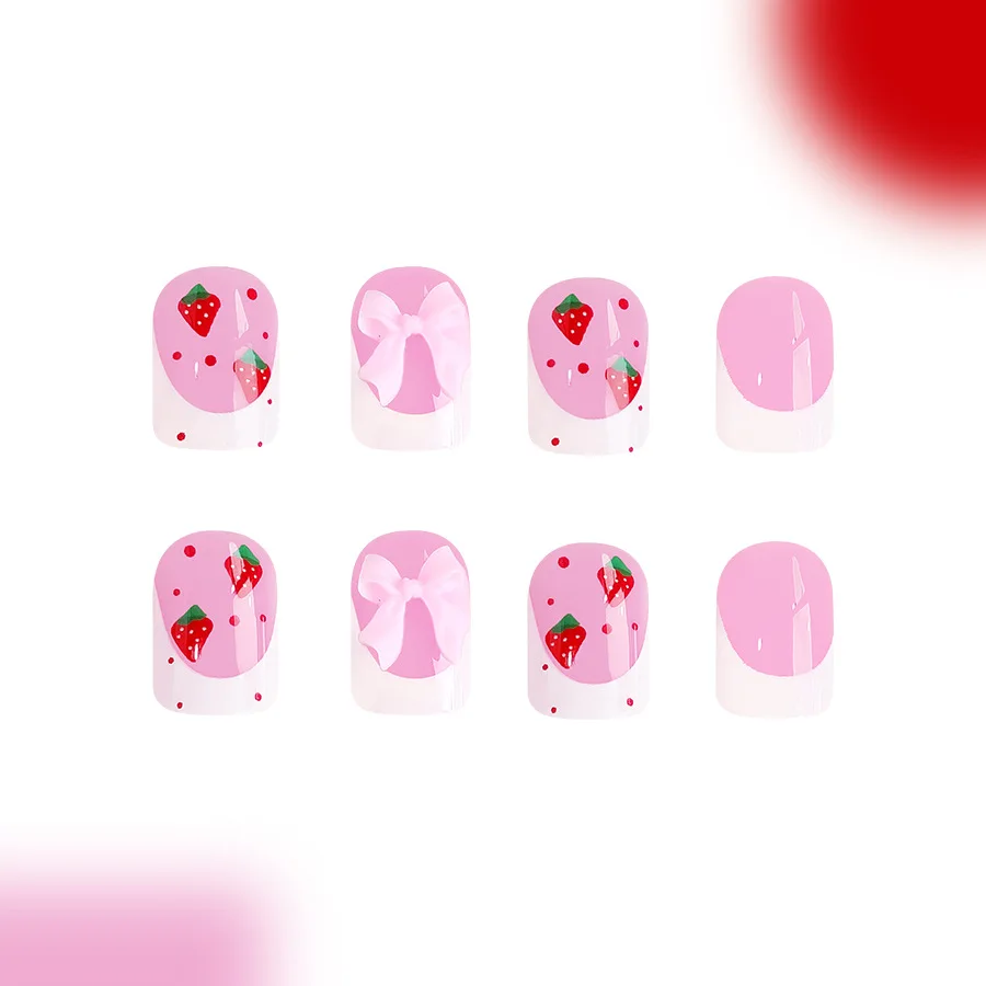 24szt Red Strawberry Designs Fake Nail Tips 3D Bowknots Decor White French Style Press On Nails Glossy Pink European False Nails