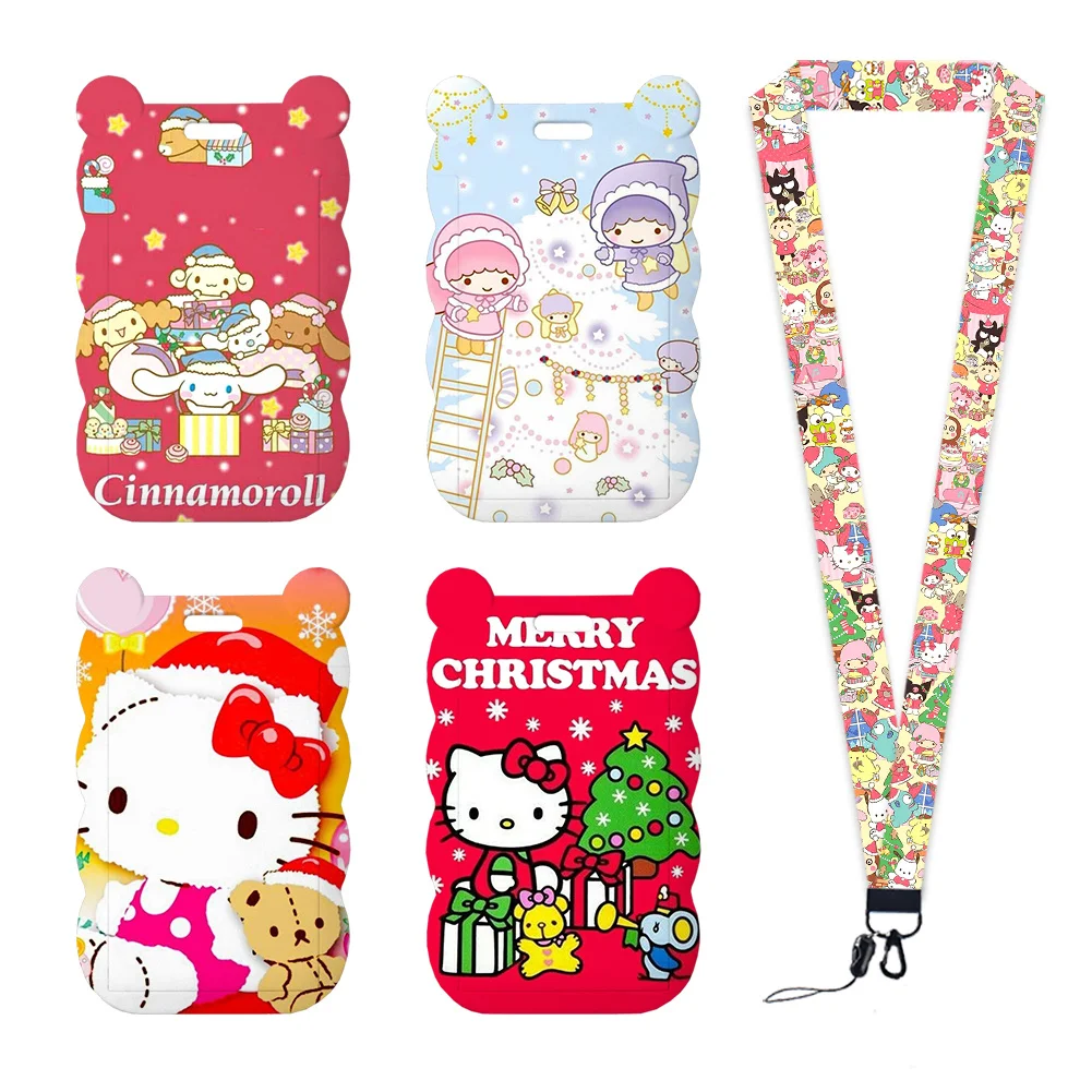 Porte-carte de noël Hello Kitty Sanrio, Badge de travail, sangle de cou, bobine en acrylique à paillettes, protecteur de carte