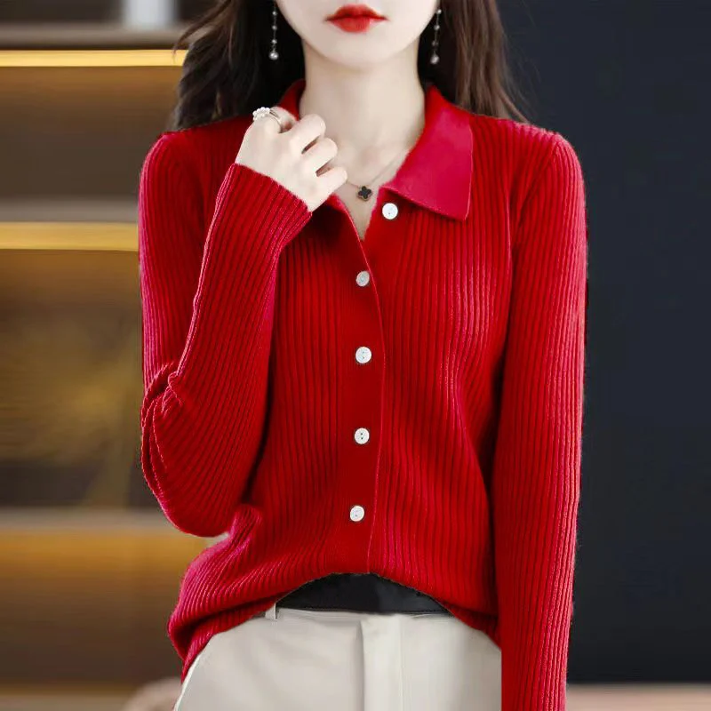 Autumn Winter 2022 New Polo Collar Slim Ladies Tops Fashion Casual Long Sleeve Chic Sweet Buttons Knitted Cardigan Sweater Women