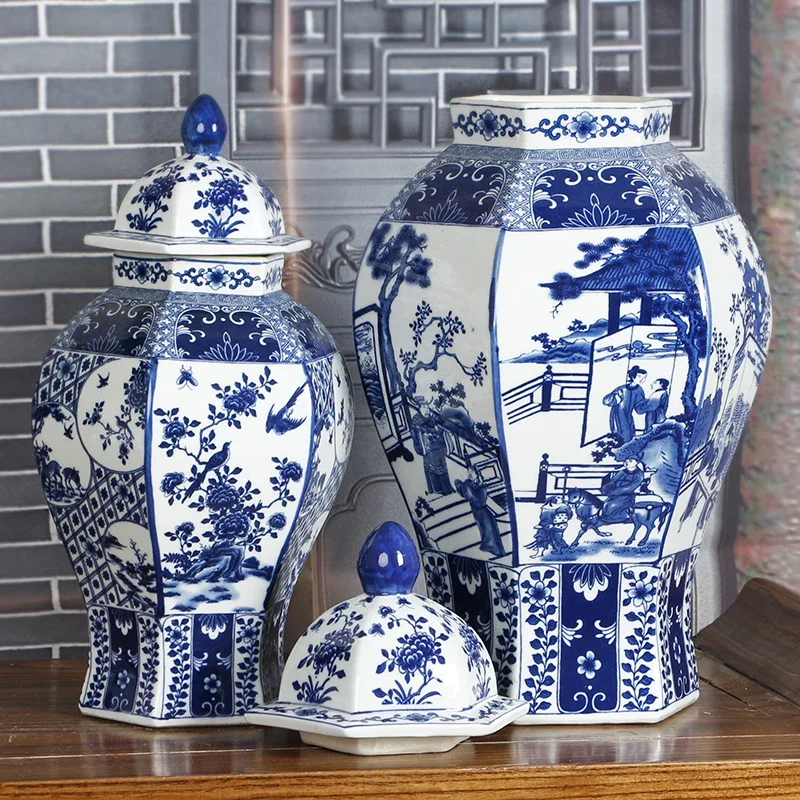 Chinese Style Flower Vase Blue and White Ceramic General\'s Jar Six Sided Pattern Tabletop Vase TV Cabinet Porcelain Ornaments