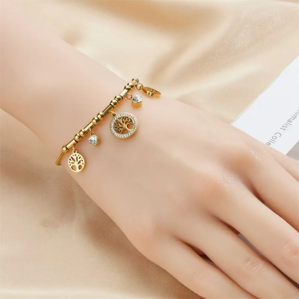 Luxury Temperament Gold Color Stainless Steel Hollowed-out Life Tree Crystal Zircon Pendant Bracelet for Women Charm Jewelry