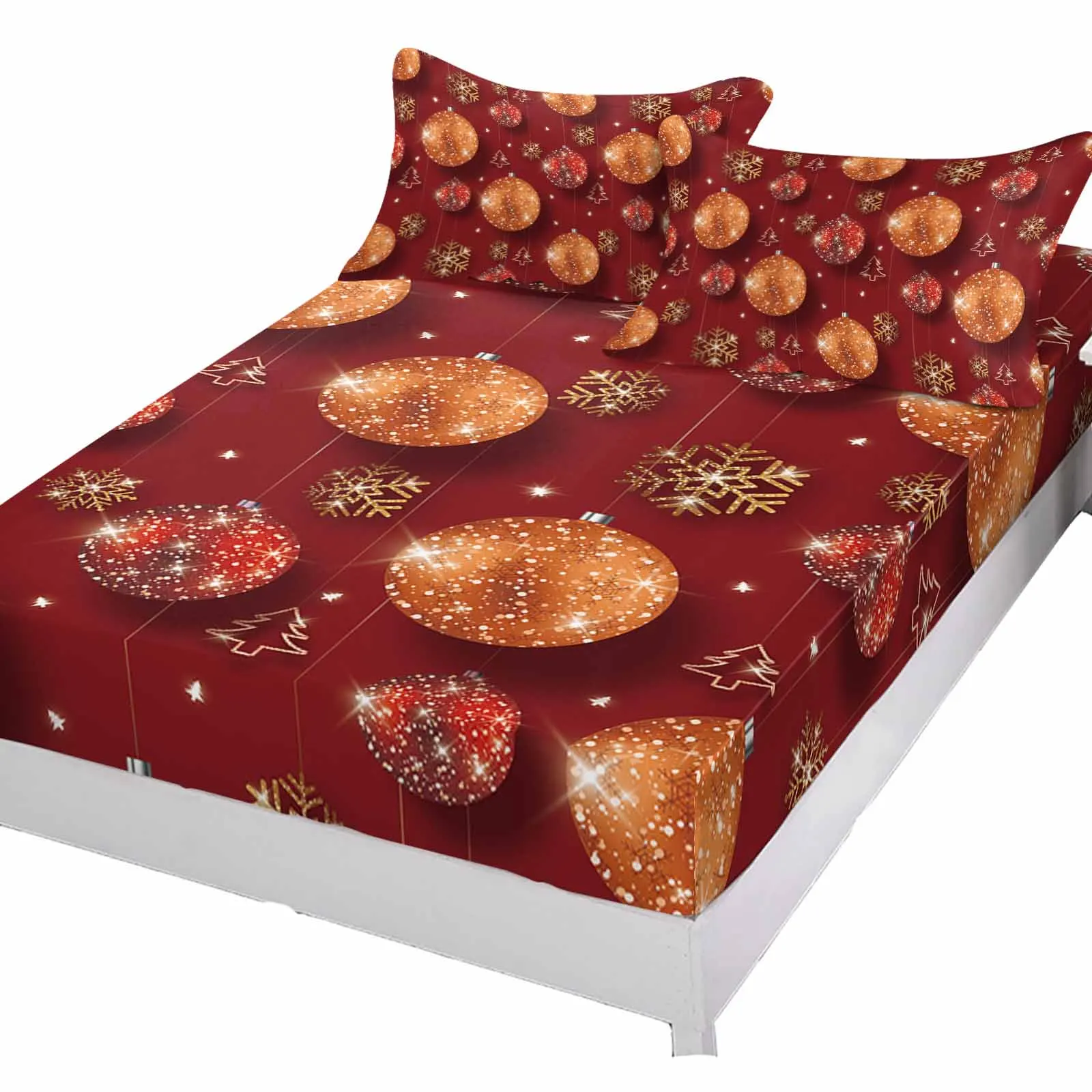 Christmas Balls Snowflakes Queen Size Bed Mattress Fitted sheet Elastic Rubber Band Non-slip Bed Sheet Pillowcase Set