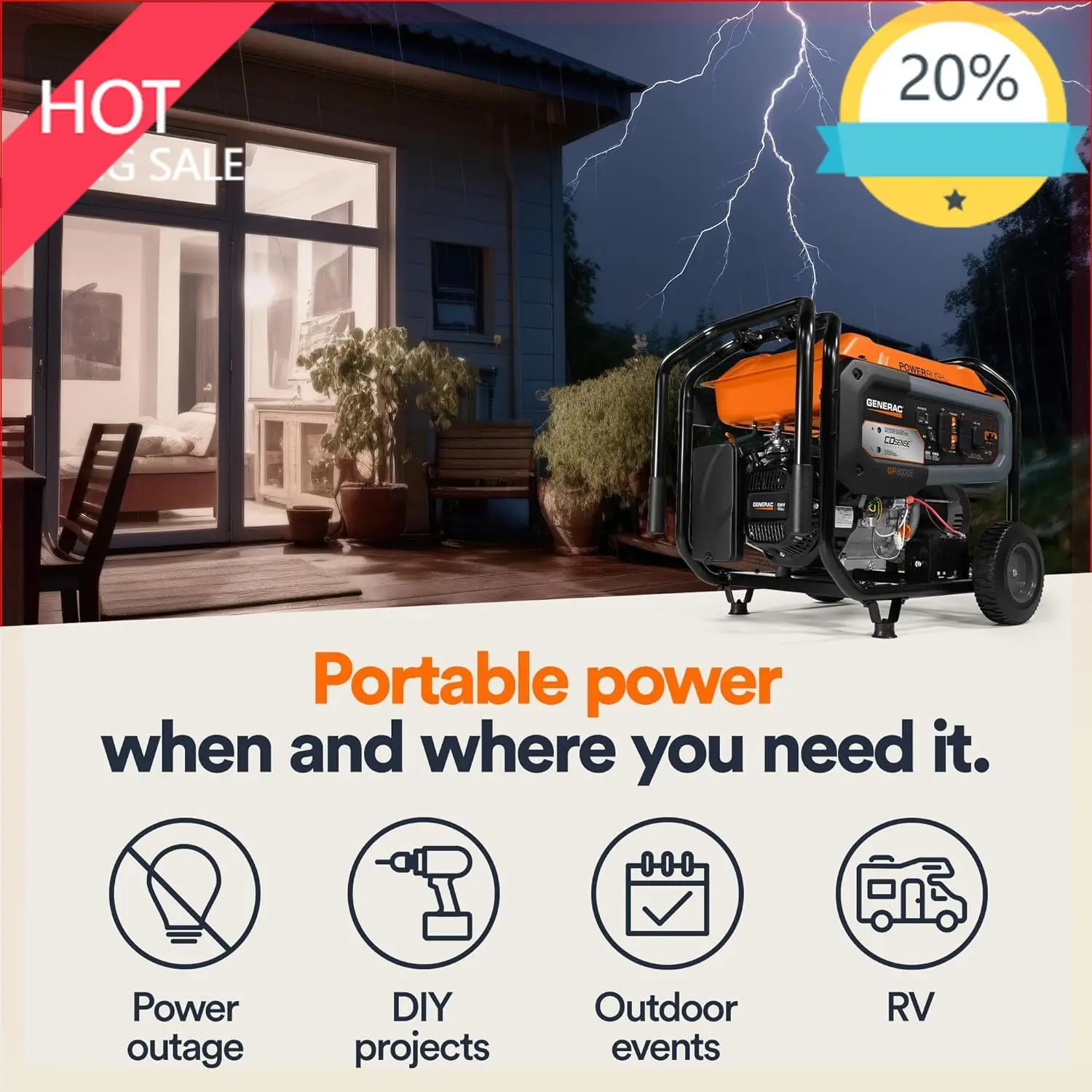 

(XMSJ)10,000/8,000-Watt Portable Gas Generator Electric Start Home Backup or RV Ready Heavy Duty Frame Quiet, Long Runti