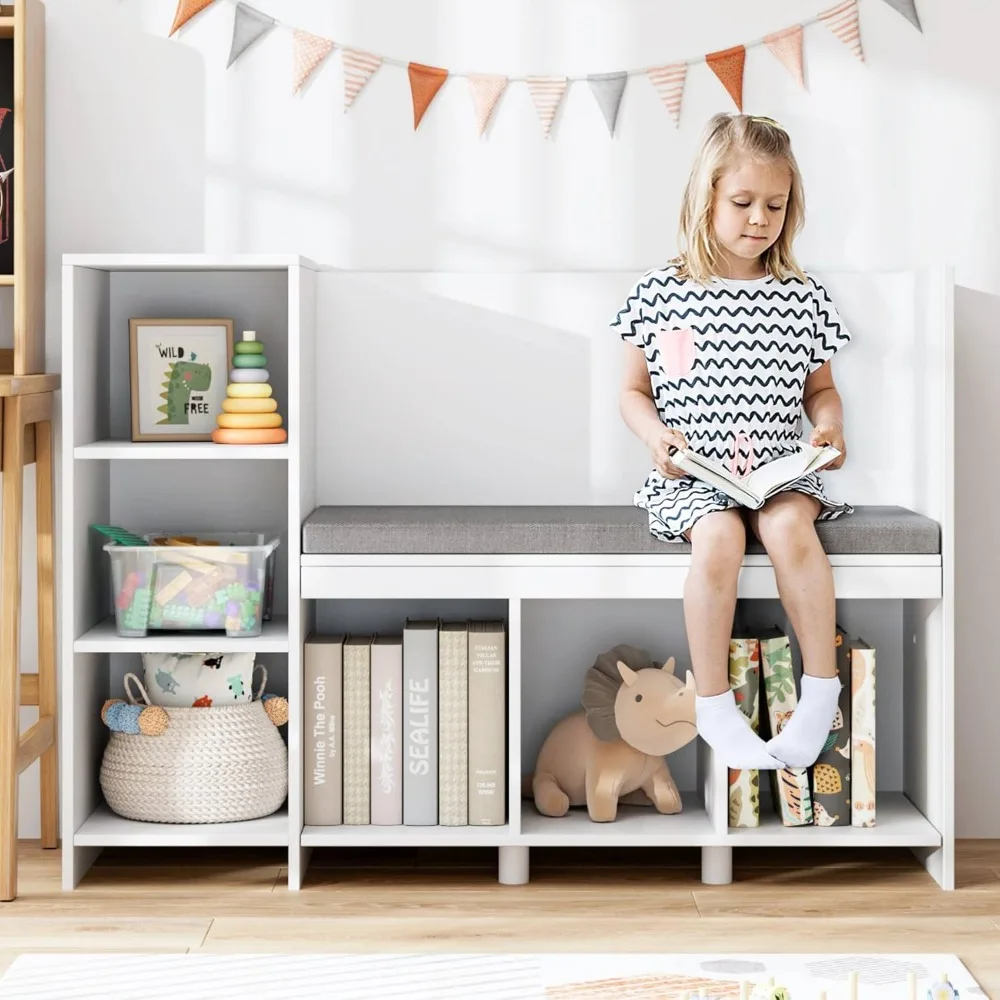 

43.3"Kids Reading Nook Bench,Nursery Bookshelf and Bookcase with Seat Cushion, 6-Cubby Book Shelf Storage Organizer for Playroom