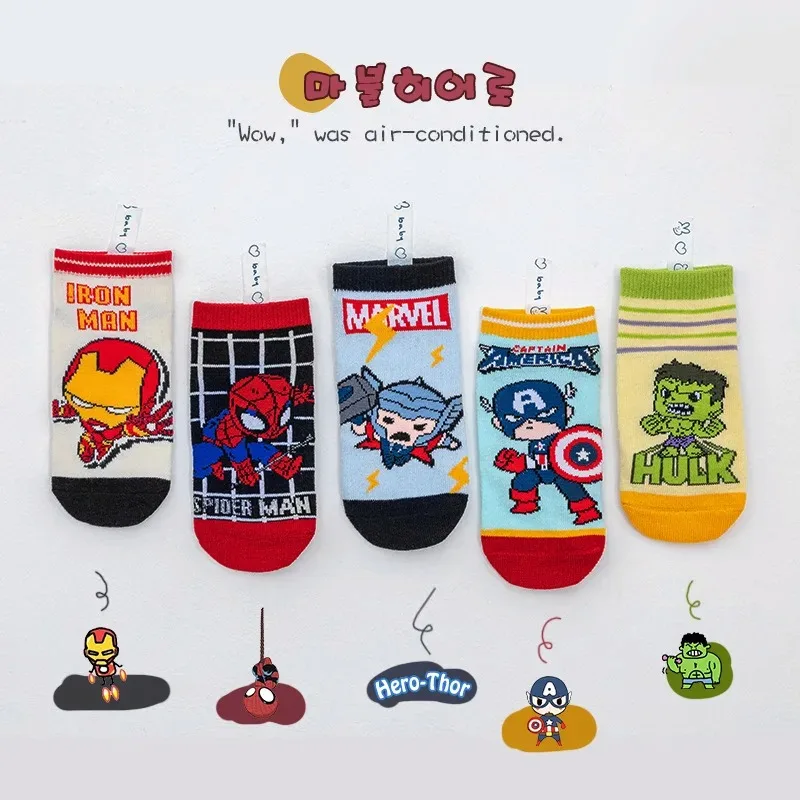 5 Pairs Children Socks Spider-Man Kids Boys Short Socks Iron Man Captain America Cartoon Baby Summer Spring Mesh Socks 1-12Y