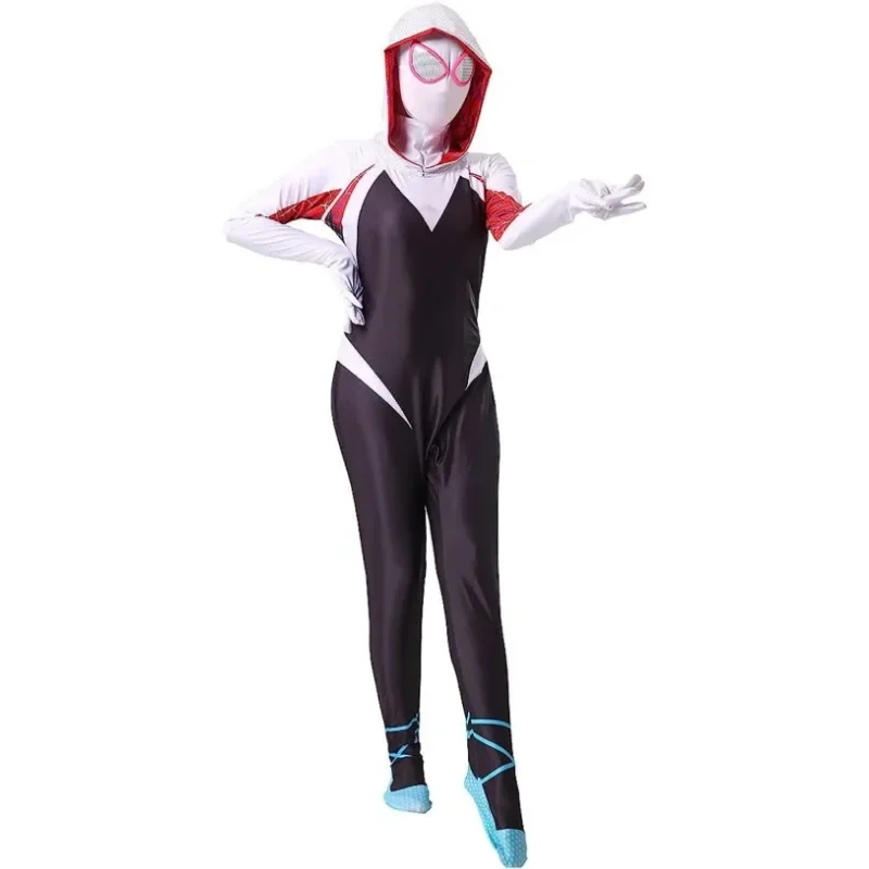 Meisjes Gwen Spider Cosplay Kostuum met Masker Kids Wit Spidergirl Bodysuit Jumpsuit Masker 3D Stijl Halloween Kostuums Pak