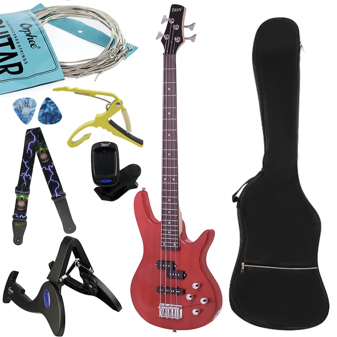 

IRIN Red 4 Strings Electric Bass Guitar Basswood Body Maple Neck Guitar with Tuner Strings Capo Stand Strap Accessories