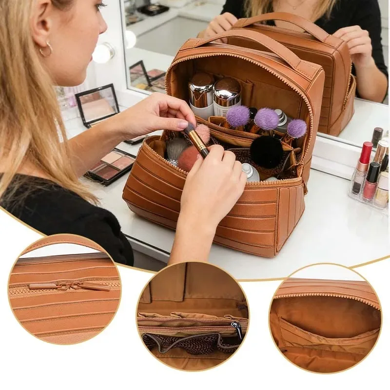 Large Capacity Striped PVC Toiletry Bag, Travel Cosmetic Organizer Pouch with Multiple Compartments, Waterproof Portable Makeup