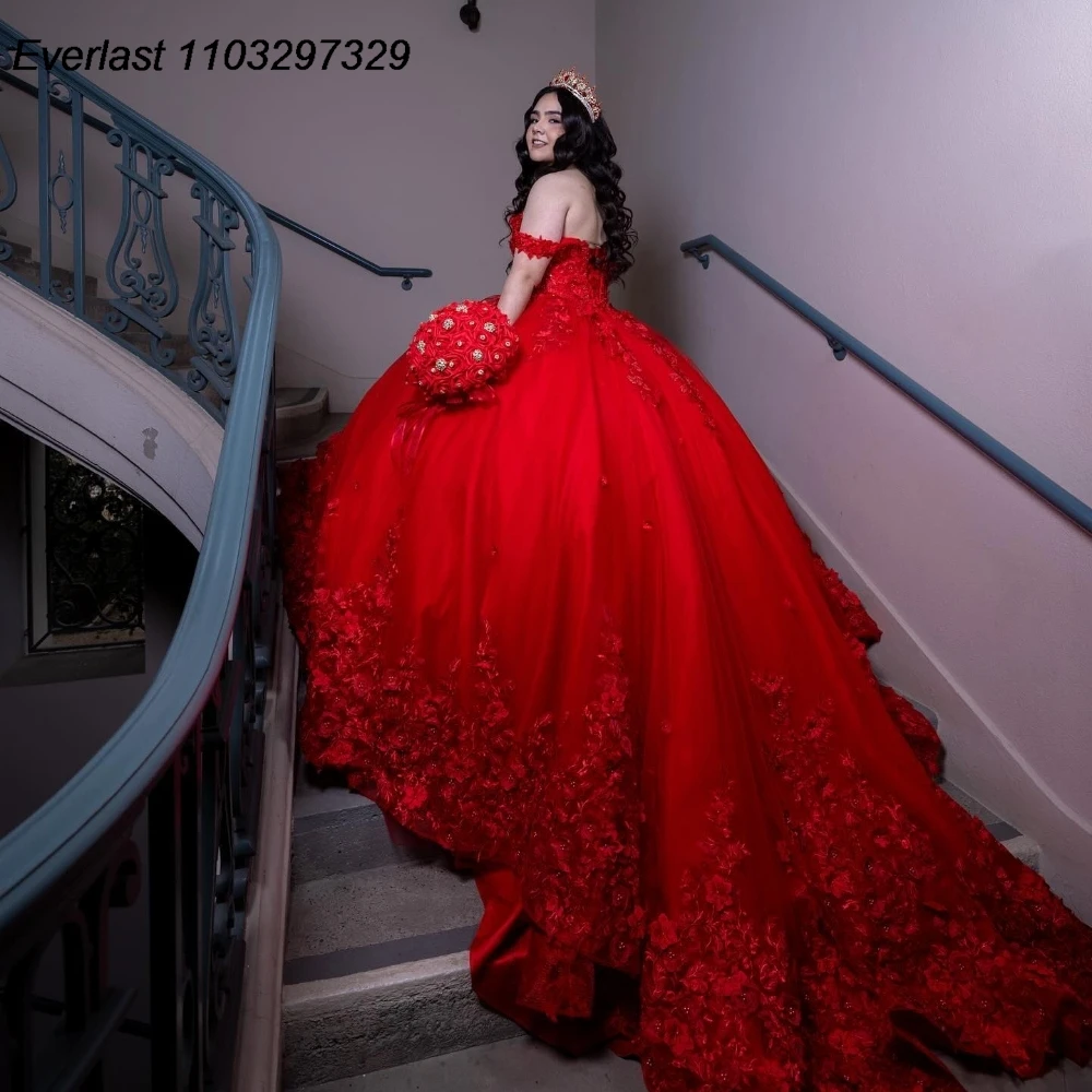 

EVLAST Customized Red Quinceanera Dress Ball Gown Shiny 3D Floral Lace Applique Beaded Corset Sweet 16 Vestido De 15 Anos QD1146