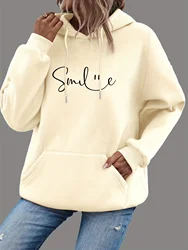 Womens SMILE Print Hoodie with Kangaroo Pocket - Comfortable Casual Sweatshirt for Stylish Everyday Wear