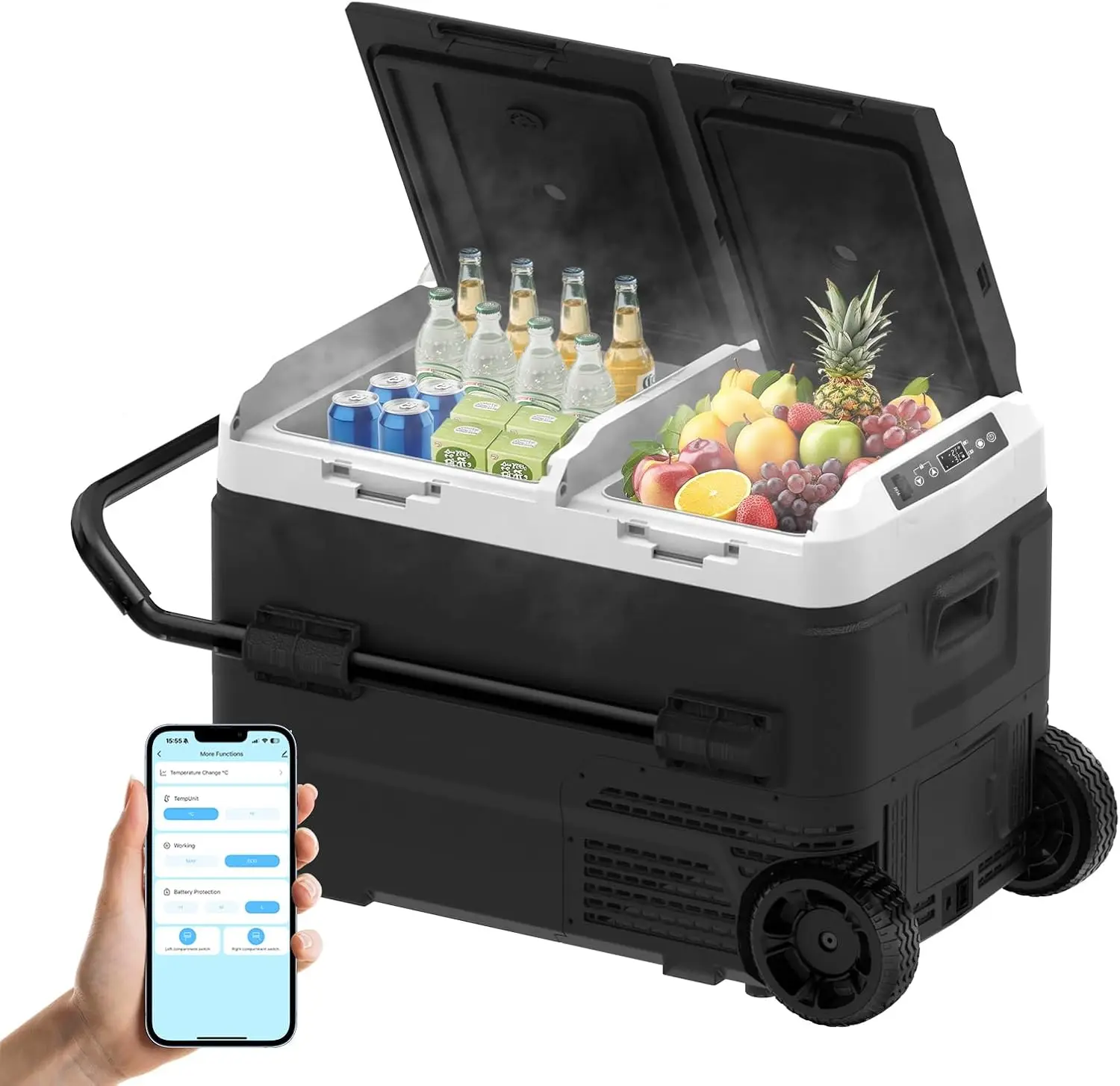 Car Fridge, Dual Zone Dual Temperature Control Fridge Freezer for Car, APP Control, -4℉-68℉, 12/24V DC 100~240V AC, Wheels, Port