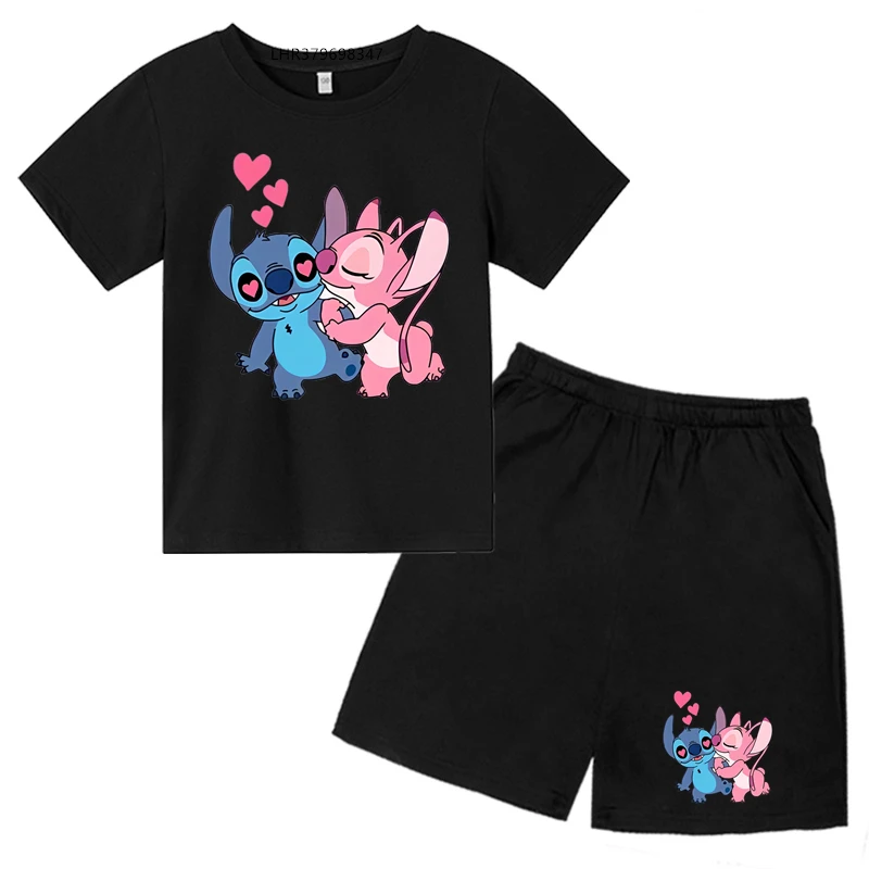 Anime Print Stitch Children Round Neck T-shirts+ Shorts Sets Suitability 2-12 Years Boys Girl Tshirts Casual Summer Short Sleeve