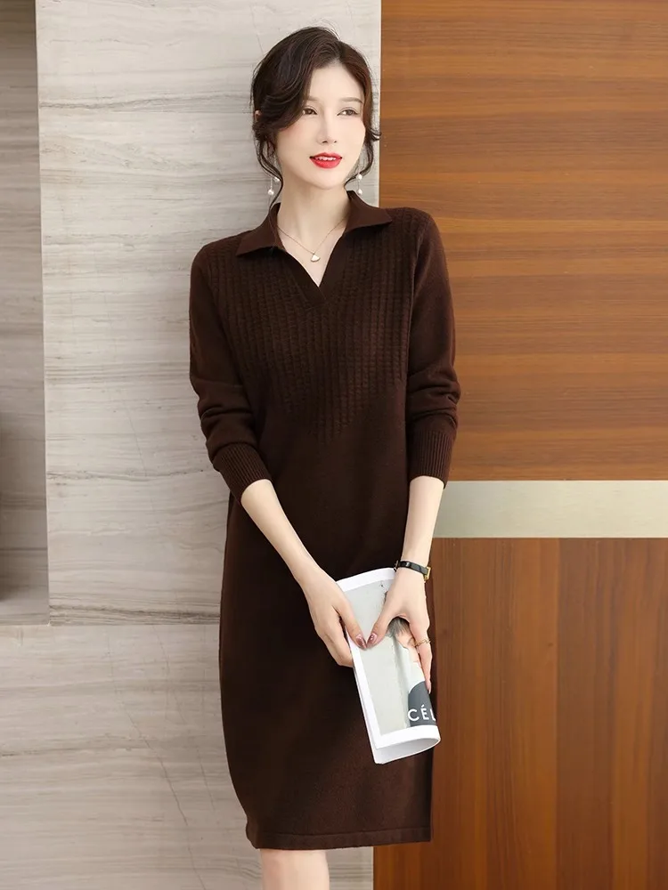 Oversize Women Knitting Sweater Dress For Spring Autumn 2024 New Casual Turn Collar Pullover Solid Patchwork Slim Female Dresses