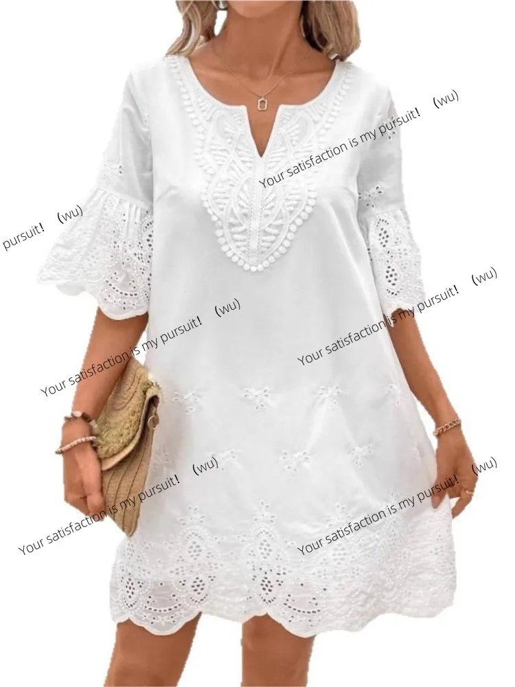 ZOCI-Fashion Casual Lace V-Neck Short Sleeve Dress New Hollow Elegant Casual White Party Dress Women's Summer Robe