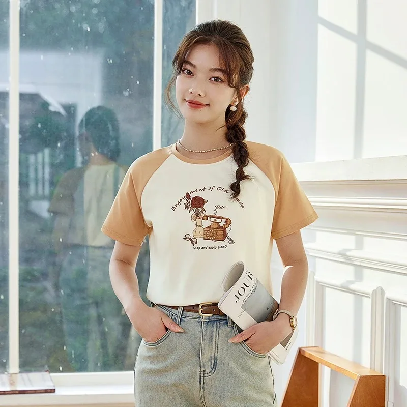Women Color Block Raglan Sleeve T Shirt Vintage Rose Telephone Print Loose Casual Short Sleeve Top