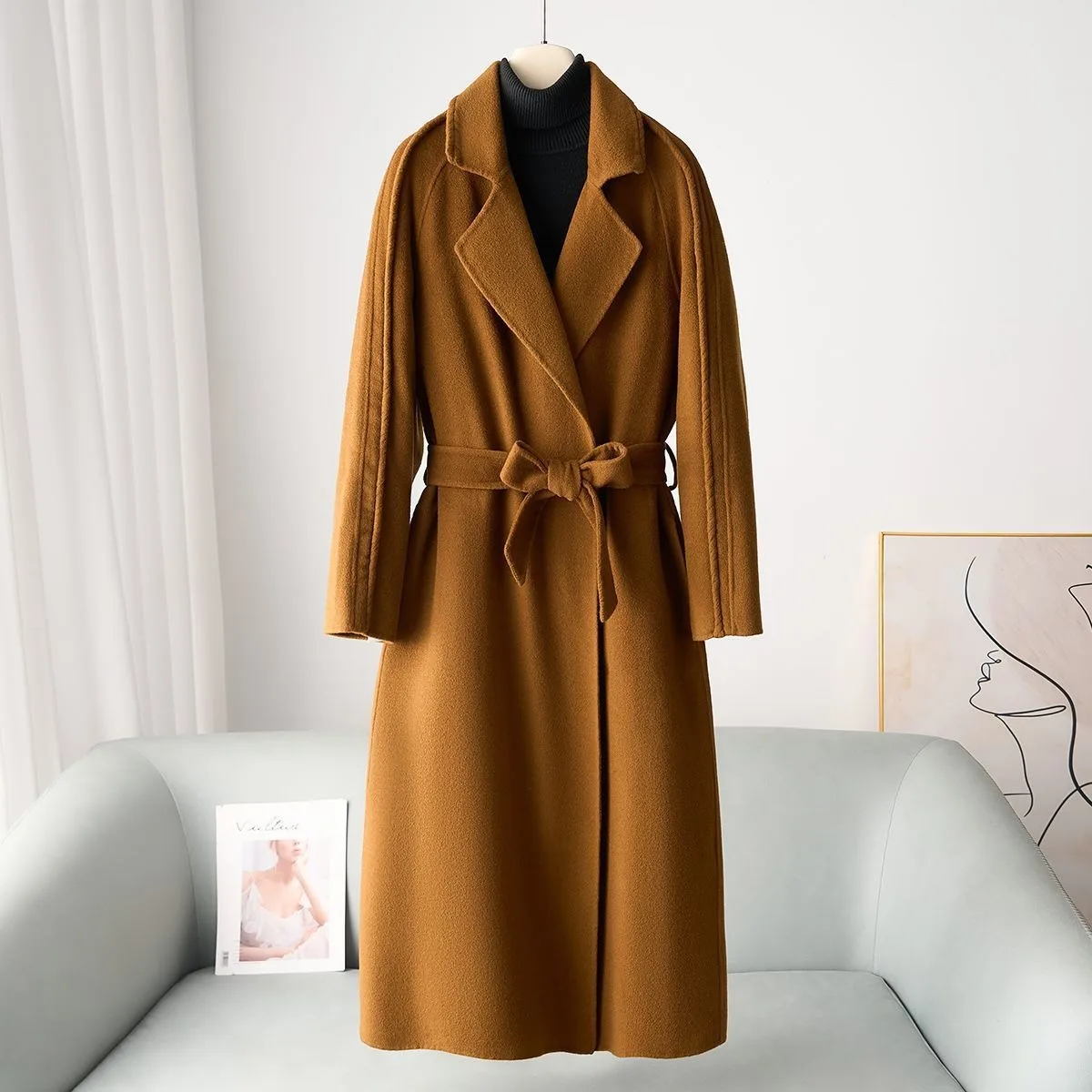 معطف صوفي طويل من الكشمير بنسبة 10.8% للنساء لخريف وشتاء 2025 سترة جديدة من النايلون على الوجهين #3