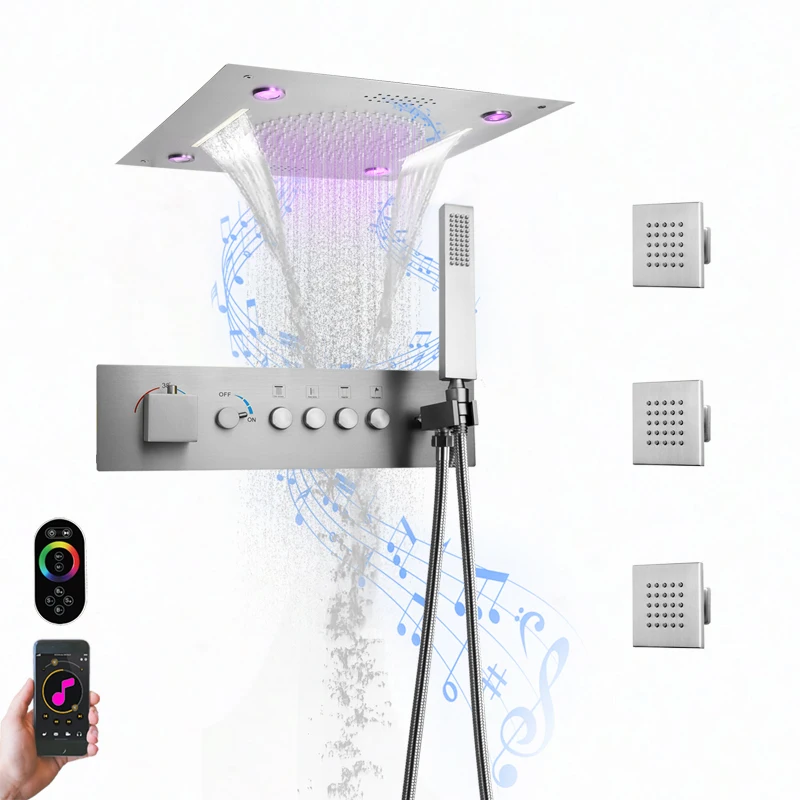 304 Stainless Steel 400*400mm LED Music Shower Head Embed Ceiling Thermostatic Button Main Body Bathroom Shower Faucet Set