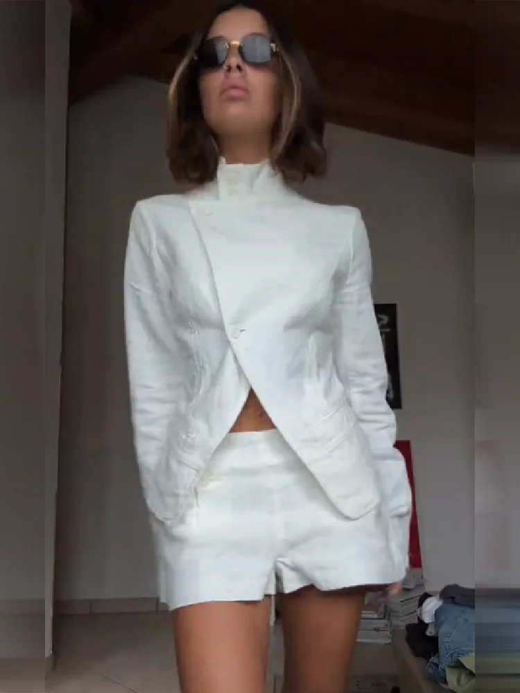 Minimalist White Two Piece Blazer Set Chic High Neck Cross Wrap Cropped Blazer Tailored Shorts Women Summer Daily Office Wear