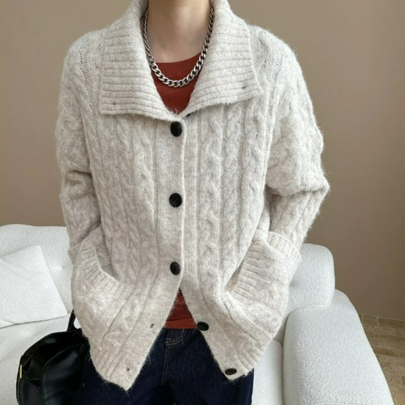 

Женский вязаный кардиган, свитер, однотонные джемперы с отложным воротником и длинными рукавами, однобортный, свободный, повседневный, осень-зима 2025