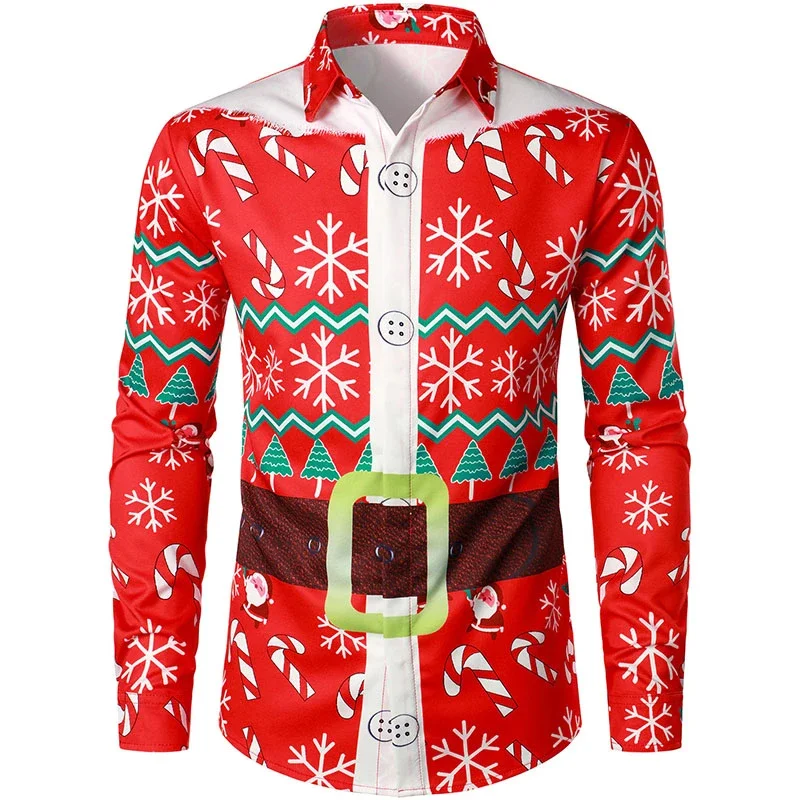 Fake Belt Funny Merry Christmas Lapel Men's Shirt Santa Claus Cosplay Pattern Long Sleeve Shirt Men's Fake Suit Camisole Top