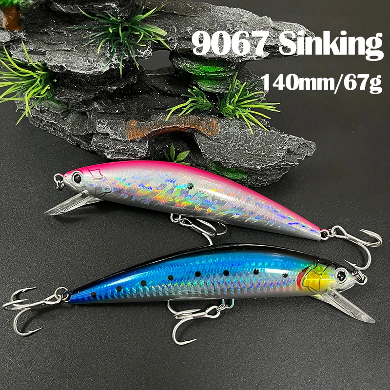 Przynęta typu minnow, ciężko tonąca, 67g, 140mm, do głębokiego nurkowania, na słoną wodę, twarda przynęta, wobler do dalekich rzutów, na duże ryby, do trollingu na morzu, akcesoria.