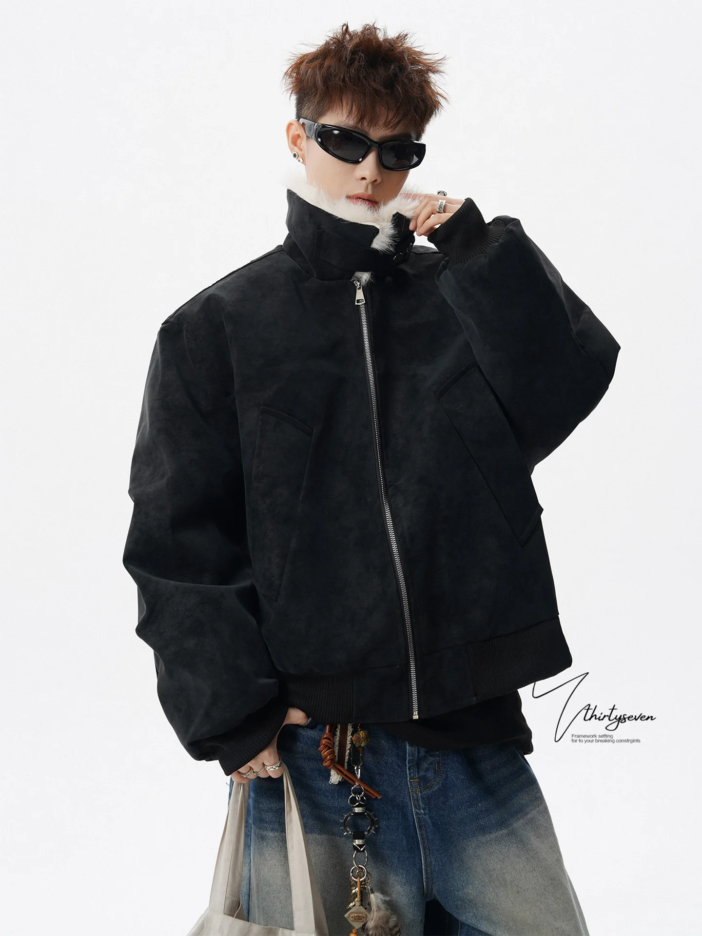 

V37 Американский Sle Модный бренд Мужская зимняя куртка Свободное теплое хлопковое пальто с меховым воротником High Street Cleanfit Полиэфирное волокно