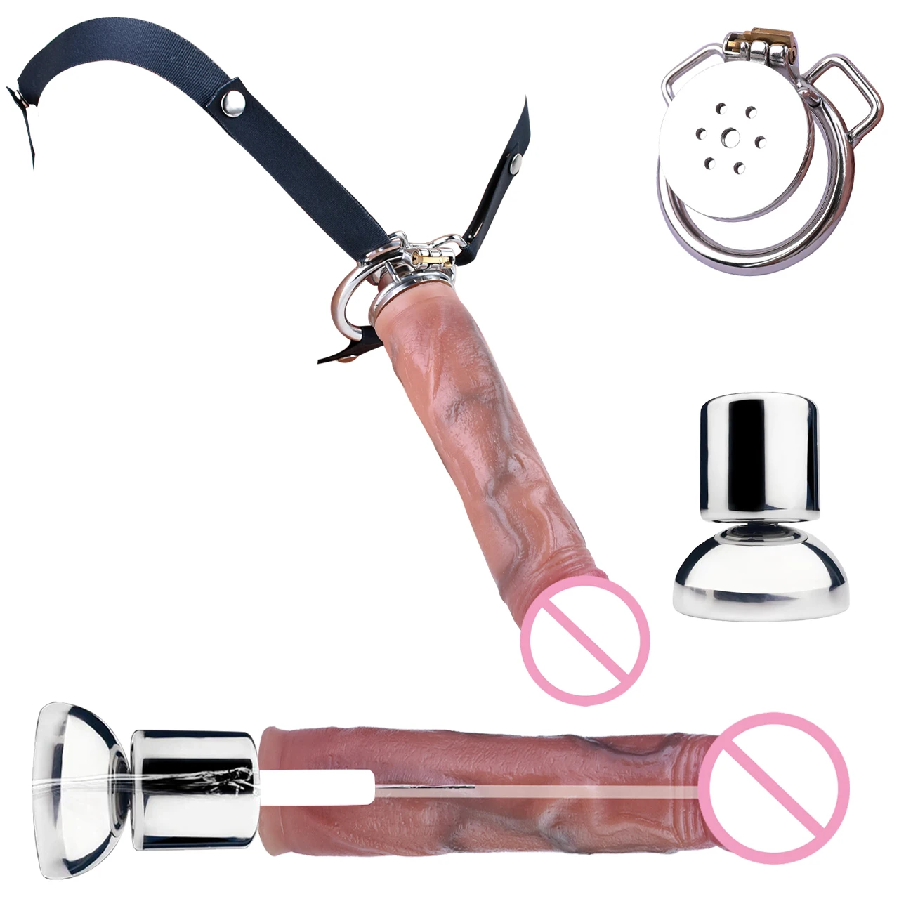 FRRK Inverted Chastity Cage With Large Realistic Dildo Urethral, Detachable Penis Catheter Accessories, BDSM Adult Fetish Toys