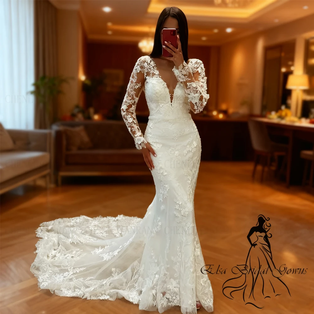 

Ivory Mermaid Wedding Dresses For Women 2025 Long Sleeves Wedding Gowns Applique Beads Elegant Bride Dress vestidos de novia