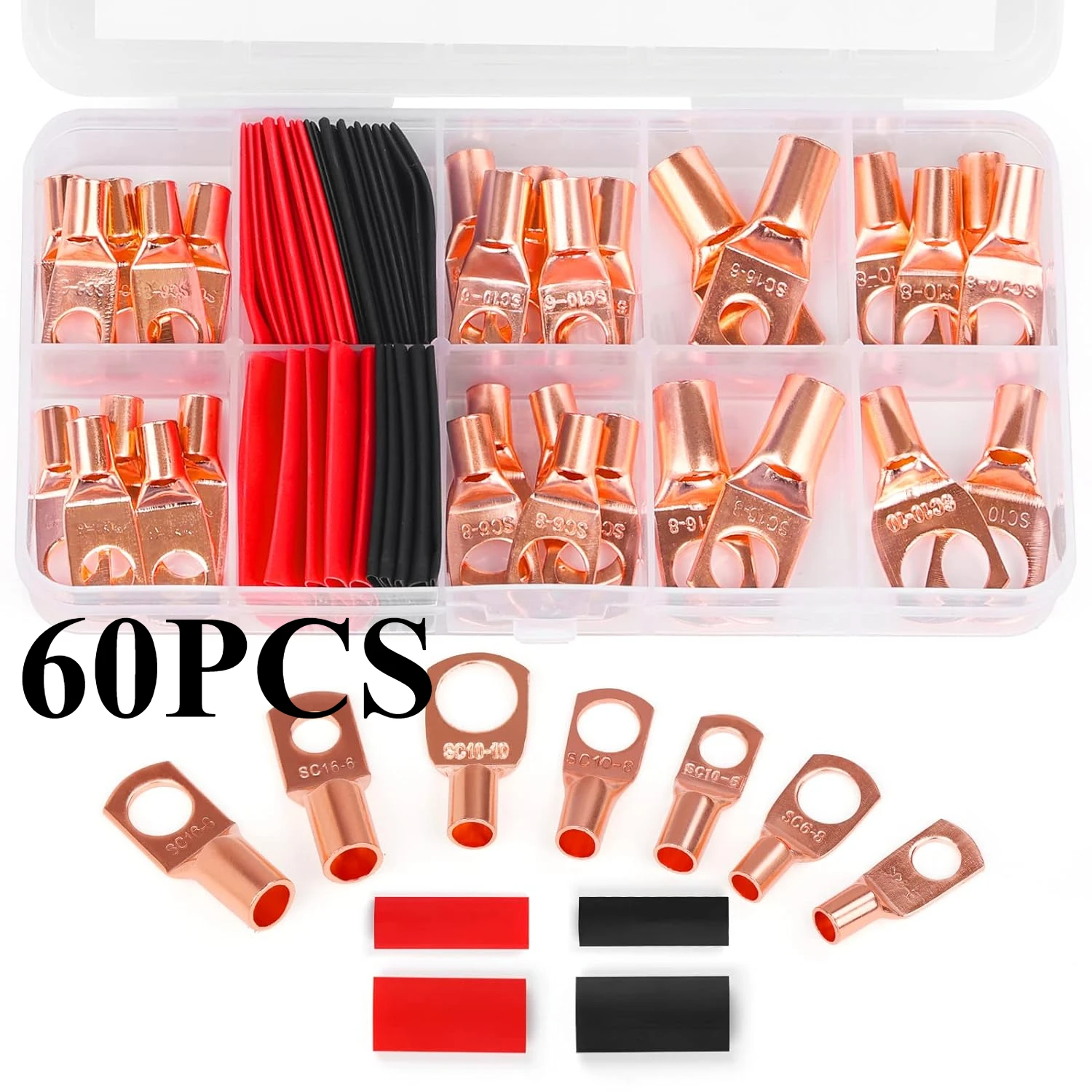 Copper Wire Lugs,Terminal Connectors,Used on AWG12 10 8 6 4 2 Cable,Heat Shrink Set,Bare Copper Eyelets,Ring Terminals Connector