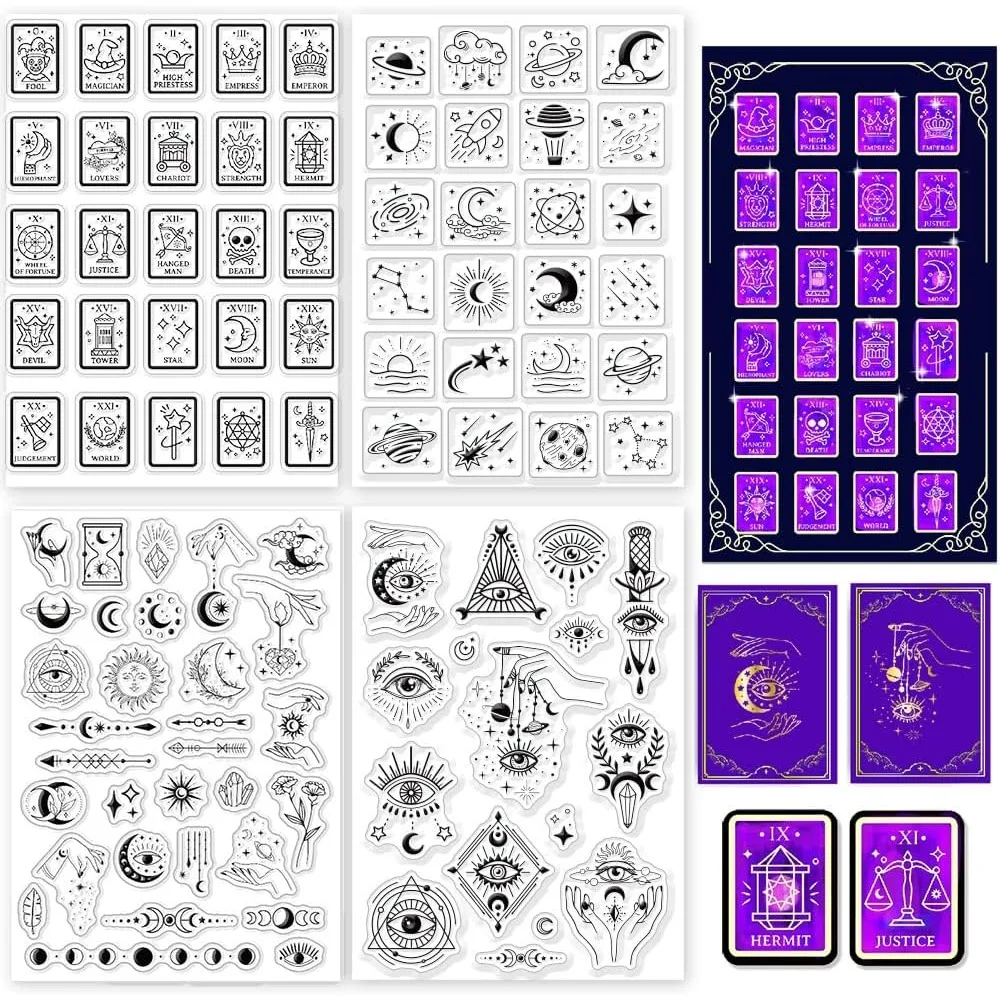 4 Sheets Magic Divination Clear Stamps for Card Making Mystic Tarot Silicone Clear Stamp Seals Transparent Stamps for DIY