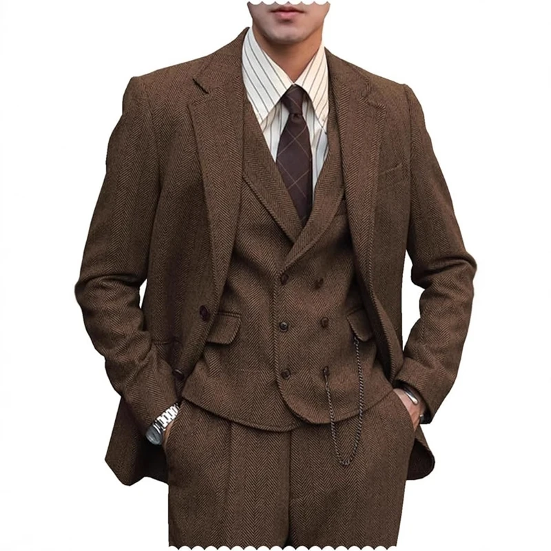 Mens Formal Tweed Wool 3 Piece Wedding Slim Fit Suit Prom Tuxedo Groomsmen