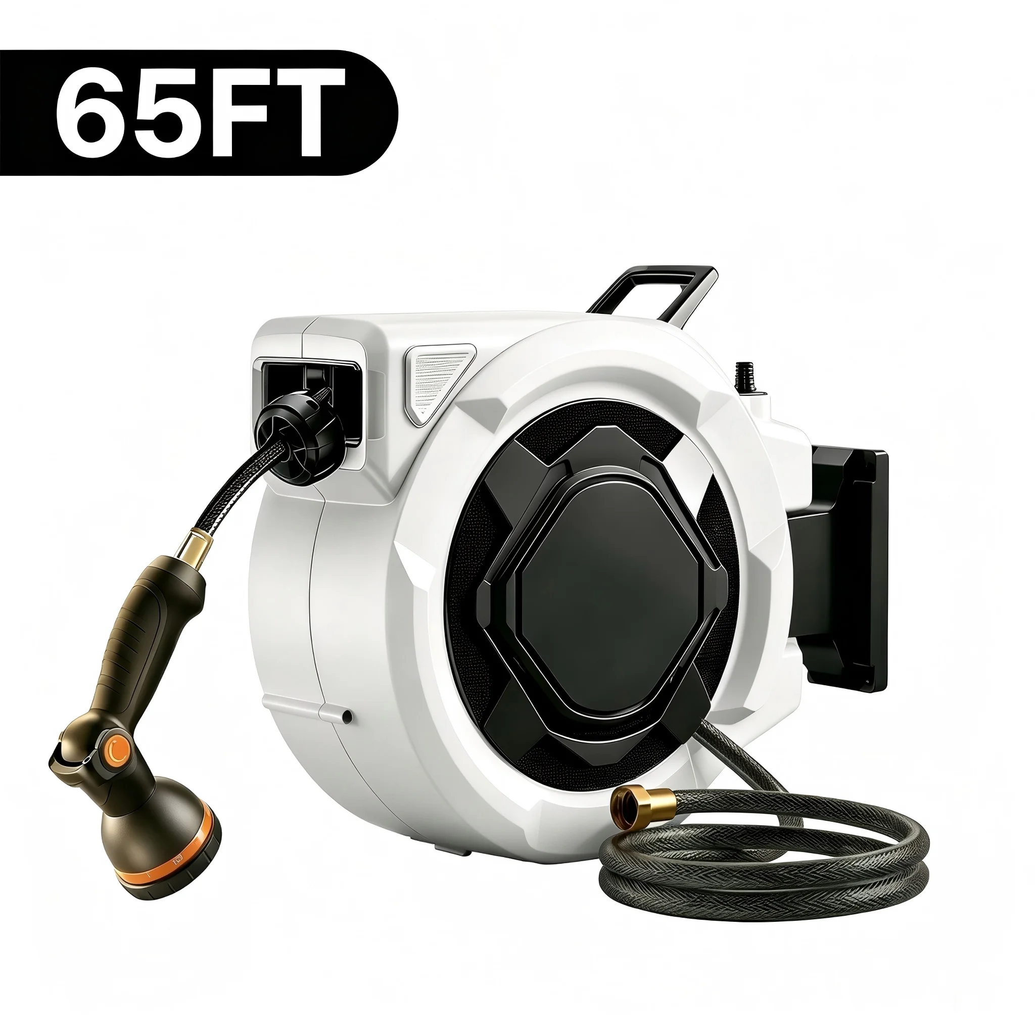SUNPOW 65FT Auto Rewind Retractable Garden Hose Reel, 5/8in X 65ft Wall-Mounted with 3/4in Brass Fitting 10-Function Nozzle 180° Swivel Bracket Any-Length Lock Gray