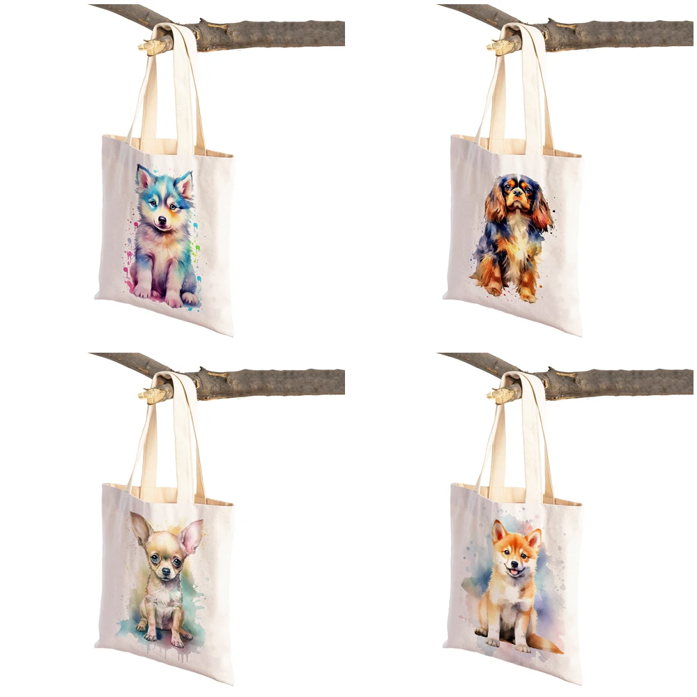 Cute Cartoon Pet Dog Women Shopping Bag Double Print Canvas Tote Handbag Reusable Animal Lady Shopper Eco Shoulder Shopper Bags