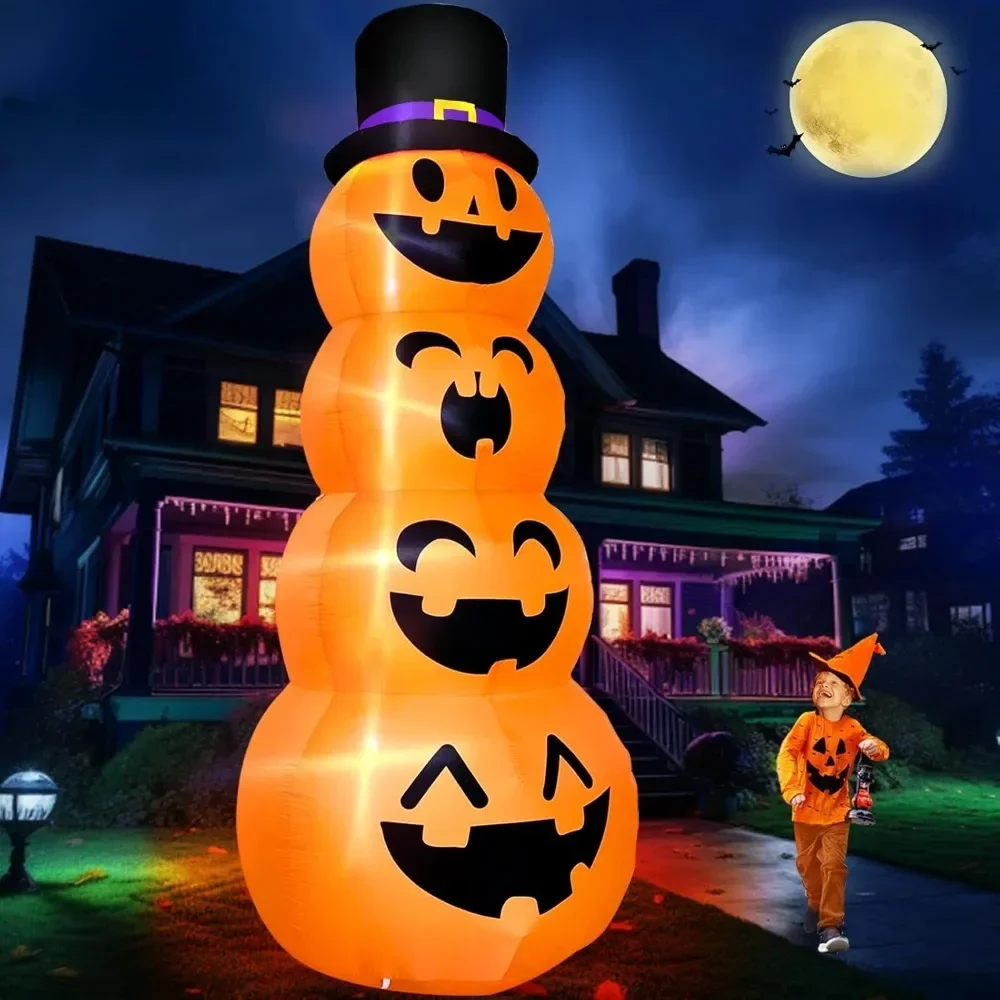 12 FT Giant Halloween Inflatables Stacked Pumpkins with Witch Hat LED Lights 7 Stakes 4 Tethers 2 Weight Bags Blow Up Halloween