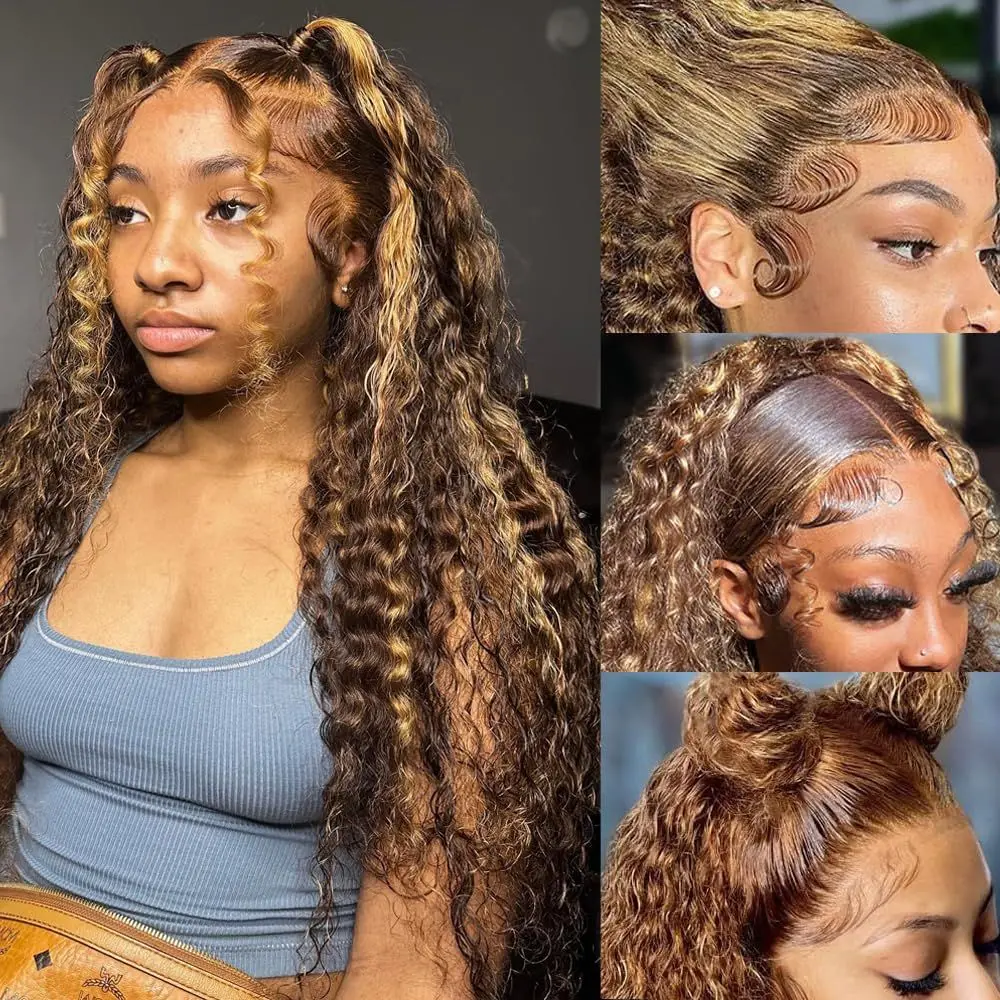 Curly 360 Full Lace Frontal Wig Human Hair Invisible Drawstring 13x6 13x4 Hd Lace P4/27 Highlight Deep Wave Water Wave Lace Frontal Wigs For Women