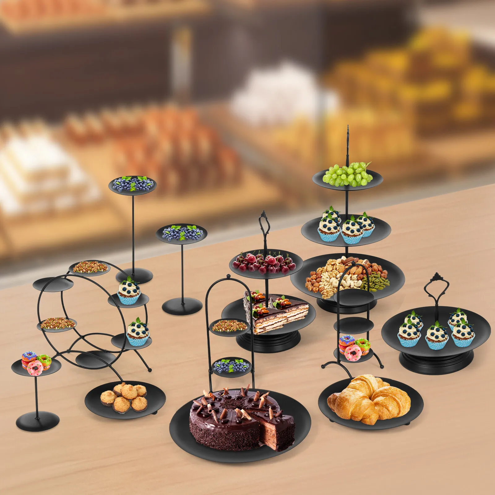 

Commercial Dessert Stand Set of 12, Black Iron Display for Bakery Shop, Multi-Level Cake Stands for Event Catering Business