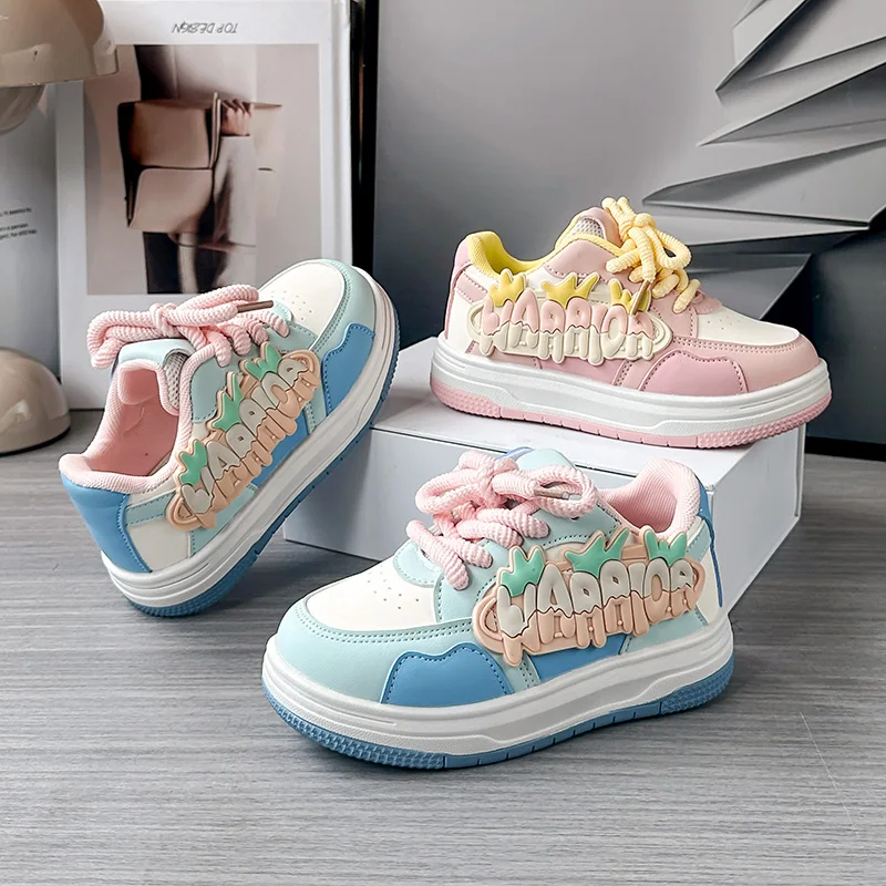 Girls Sneakers Letter 3D Adorn Stylish Kids Sports Shoes Spring Autumn Breathable Children Casual Non-slip Outdoors Board Shoes