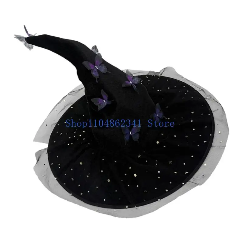 5asd Curved Brimmed Witch Hat With Ornate Butterfly Embellishment Halloween Roleplay Accessory Multi Color Choices