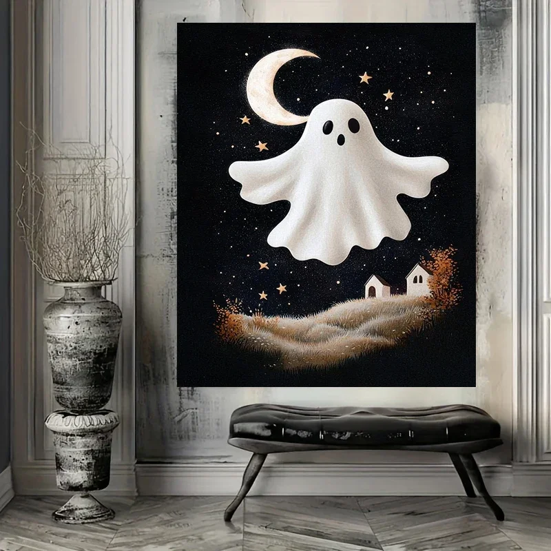 Frameless Canvas Painting Posters A Playful Ghost Its Translucent Form Floating Above A Moonlit Graveyard, Print, Cottagecore Ar