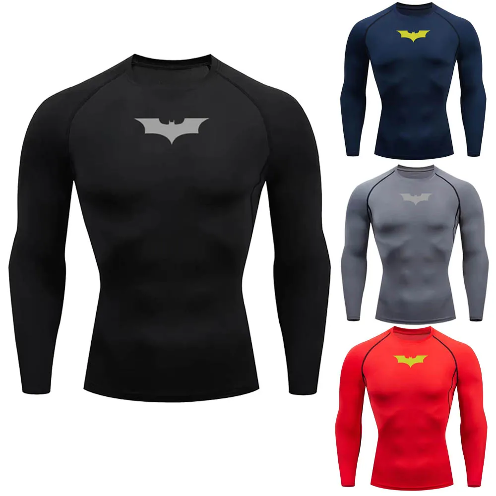Bat Print Men's Compression Long Sleeve Shirts, Elastic Gym Workout T-shirts, Running & Jogging Athletic Tops JW128
