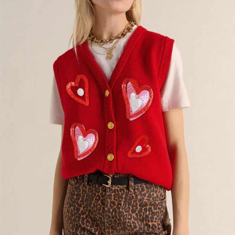 Chaleco de lentejuelas para el Día de San Valentín para mujer, suéter con botones bordados, chaleco con cuello en V, cárdigan sin mangas, cárdigan de punto para vacaciones