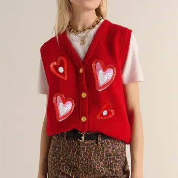 Feminino dia dos namorados lantejoulas colete botão bordado camisola colete com decote em v sem mangas cardigan férias malha cardigan topo