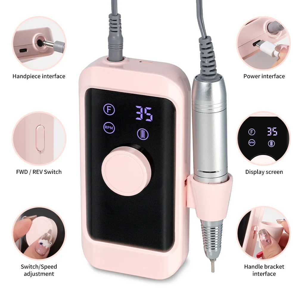 Máquina pulidora de uñas profesional, lima de uñas eléctrica portátil, recargable, Kit de máquina de manicura para suministros de uñas, 35000RPM